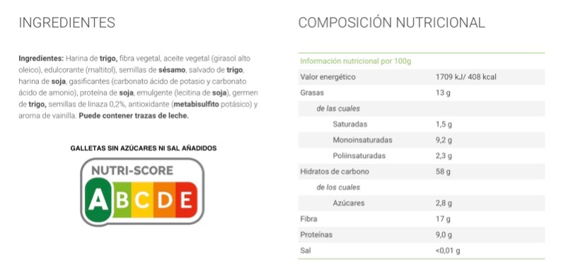 Nutriscore galletas sin azúcar